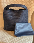 The Willow | Large Woven Vegan Leather Tote - Navy
