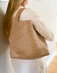 The Willow | Large Woven Vegan Leather Tote - Khaki