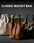 Leather Bucket Bag with Drawstring Pouch – Leather Satchel, Everyday Handbag with Mini Lock Design