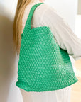 The Willow | Large Woven Vegan Leather Tote - Green.