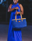 Nourishment Rectangular Handmade Laptop Work Sisal Straw Blue Basket Tote Handbag
