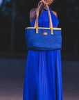Nourishment Rectangular Handmade Laptop Work Sisal Straw Blue Basket Tote Handbag