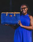Nourishment Rectangular Handmade Laptop Work Sisal Straw Blue Basket Tote Handbag
