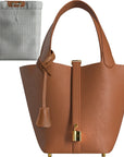 Leather Bucket Bag with Drawstring Pouch – Leather Satchel, Everyday Handbag with Mini Lock Design