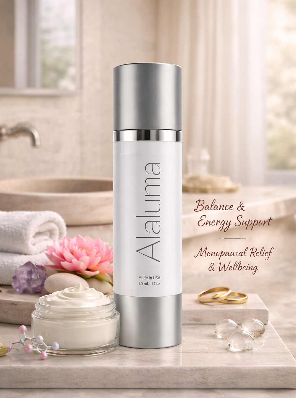 Alaluma skincare bottle on a bathroom counter with flowers and towels in the background