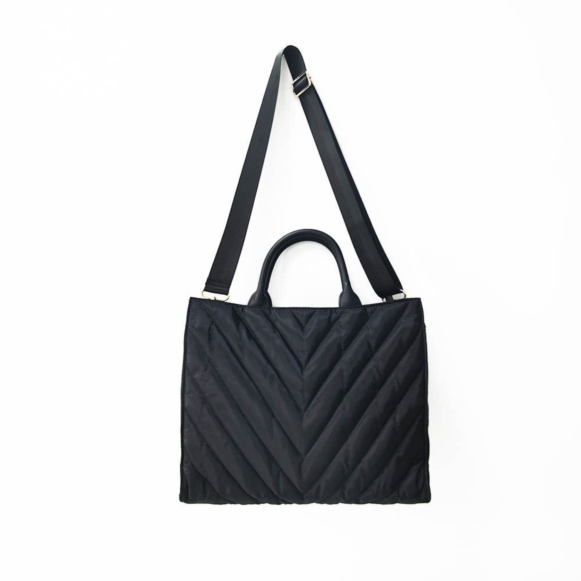 Carmen Chevron Puffer Tote worn as crossbody with included matching strap