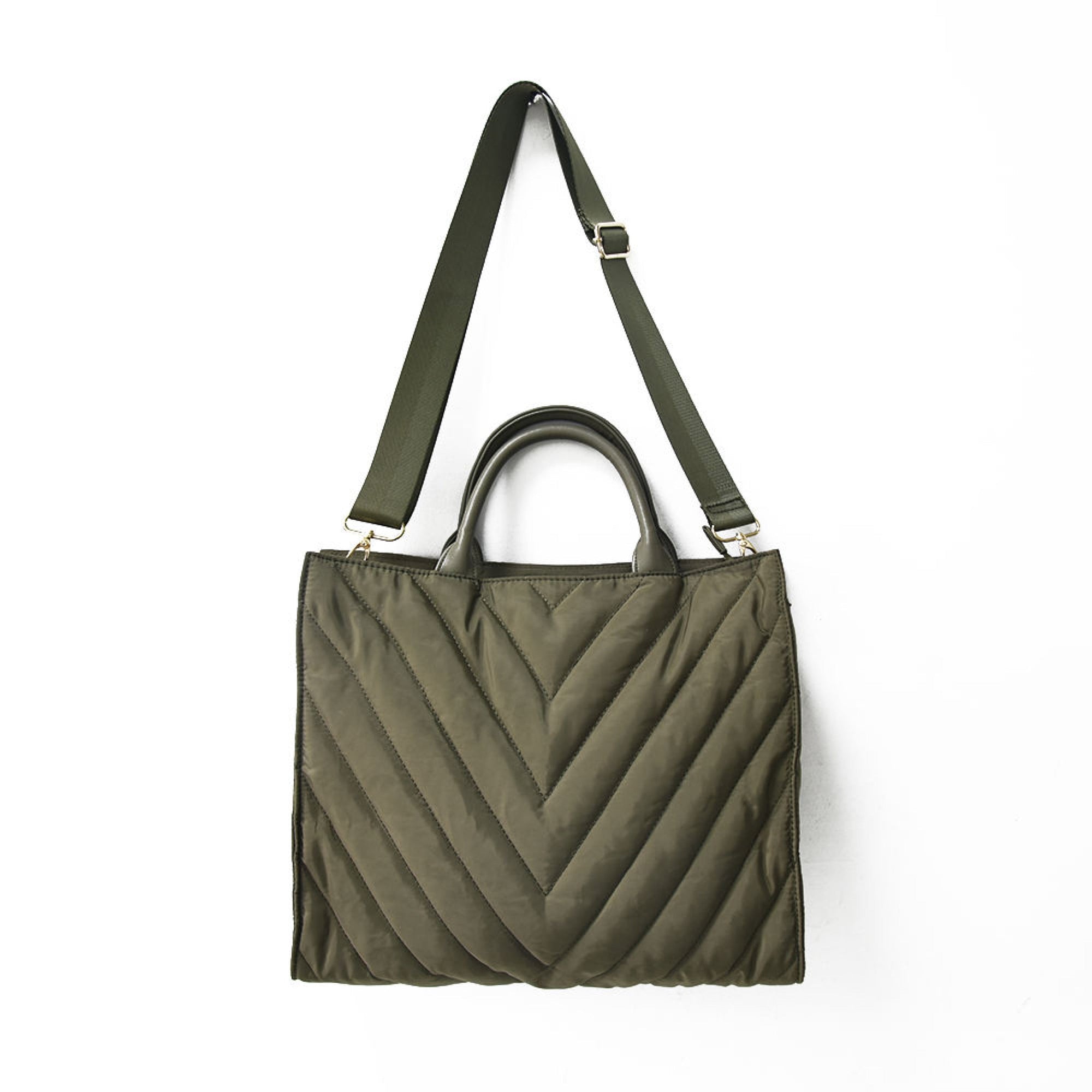 Carmen Large Puffer Tote — chevron stripe texture and gold hardware closeup
