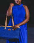 Nourishment Rectangular Handmade Laptop Work Sisal Straw Blue Basket Tote Handbag