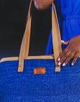 Nourishment Rectangular Handmade Laptop Work Sisal Straw Blue Basket Tote Handbag