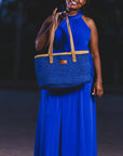 Nourishment Rectangular Handmade Laptop Work Sisal Straw Blue Basket Tote Handbag