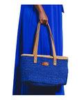 Nourishment Rectangular Handmade Laptop Work Sisal Straw Blue Basket Tote Handbag
