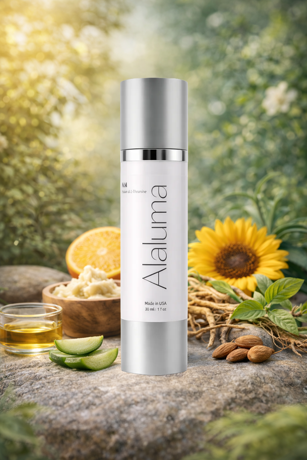 Alaluma Joy skincare bottle with natural elements on a blurred green background