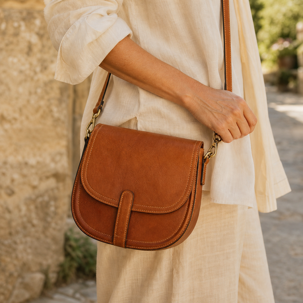 Woman carrying a tan leather crossbody bag