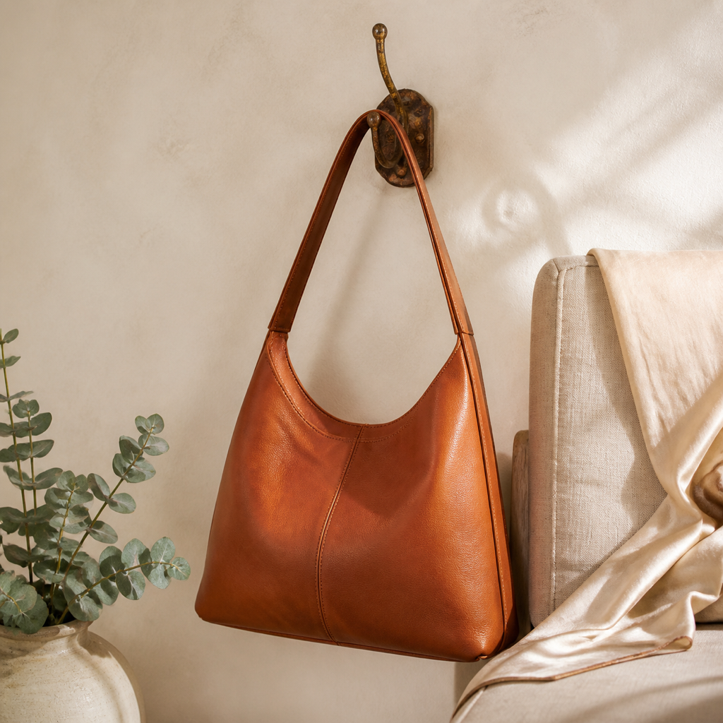 Cognac leather shoulder bag hanging in warm natural light