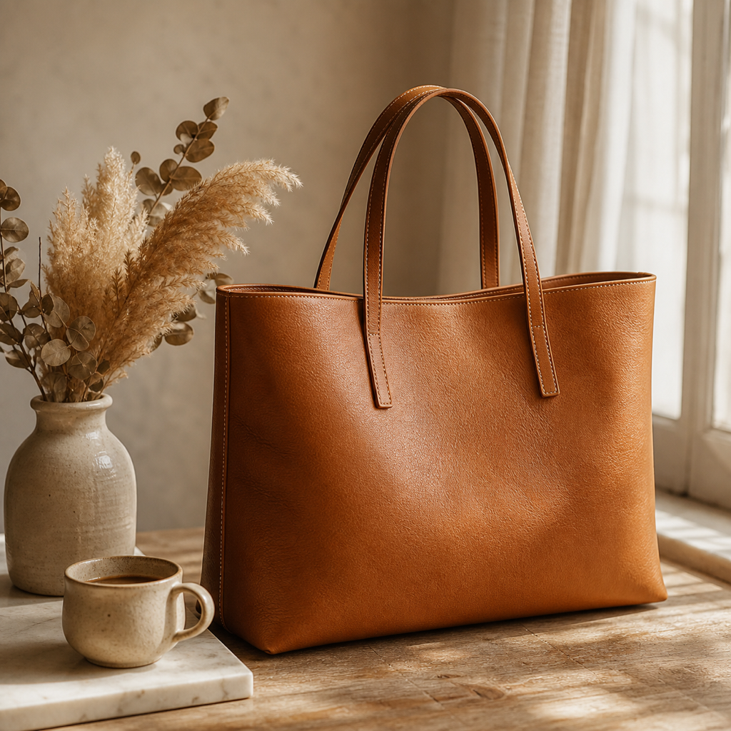 Cognac leather tote on a sunlit table