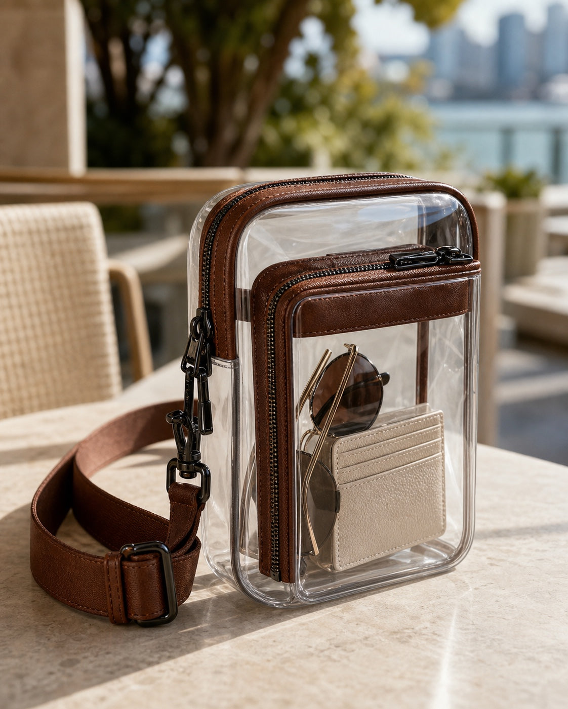 Clear PVC crossbody bag detail showing front pocket, zipper, and cognac trim