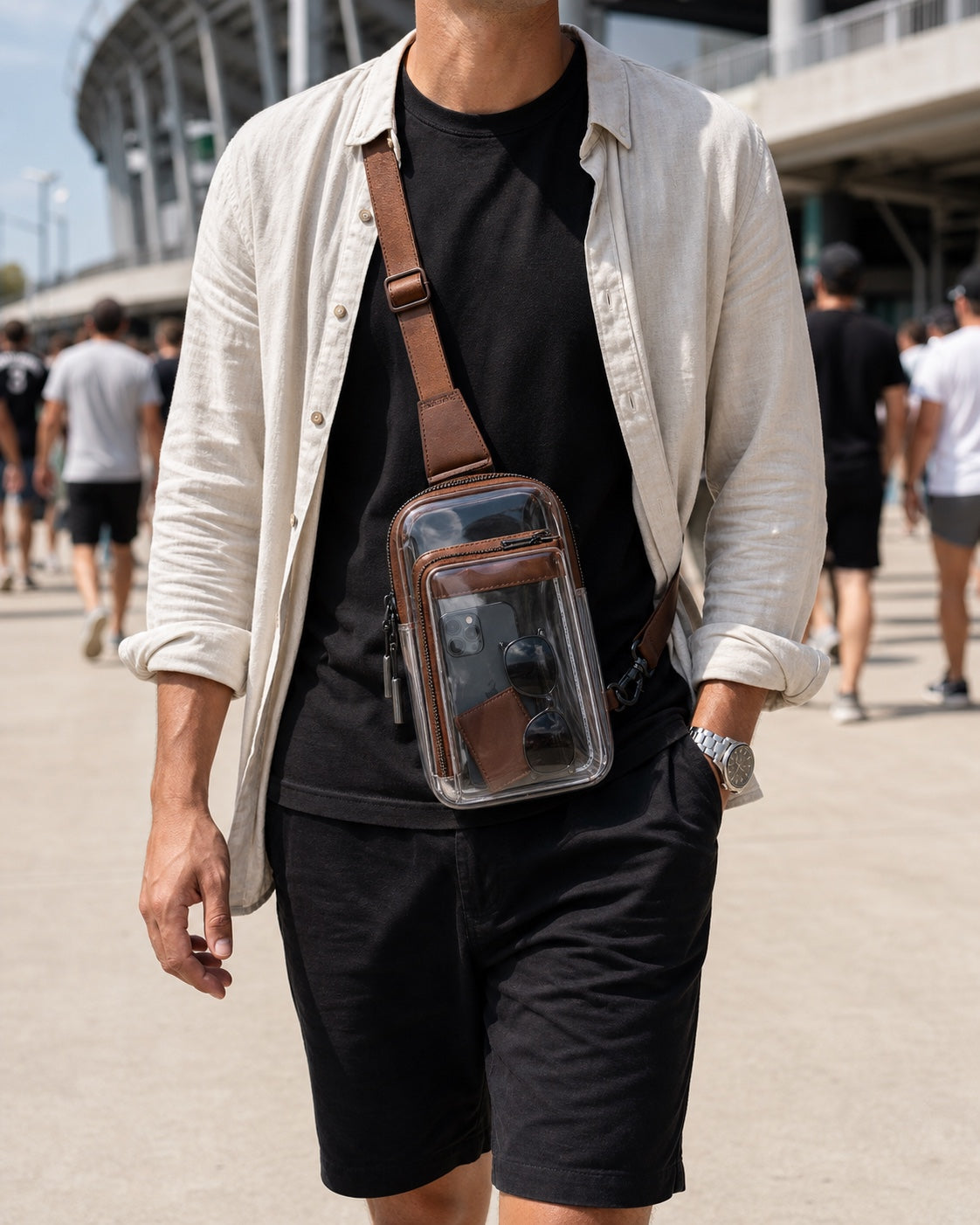 Clear crossbody bag worn on a stadium event day