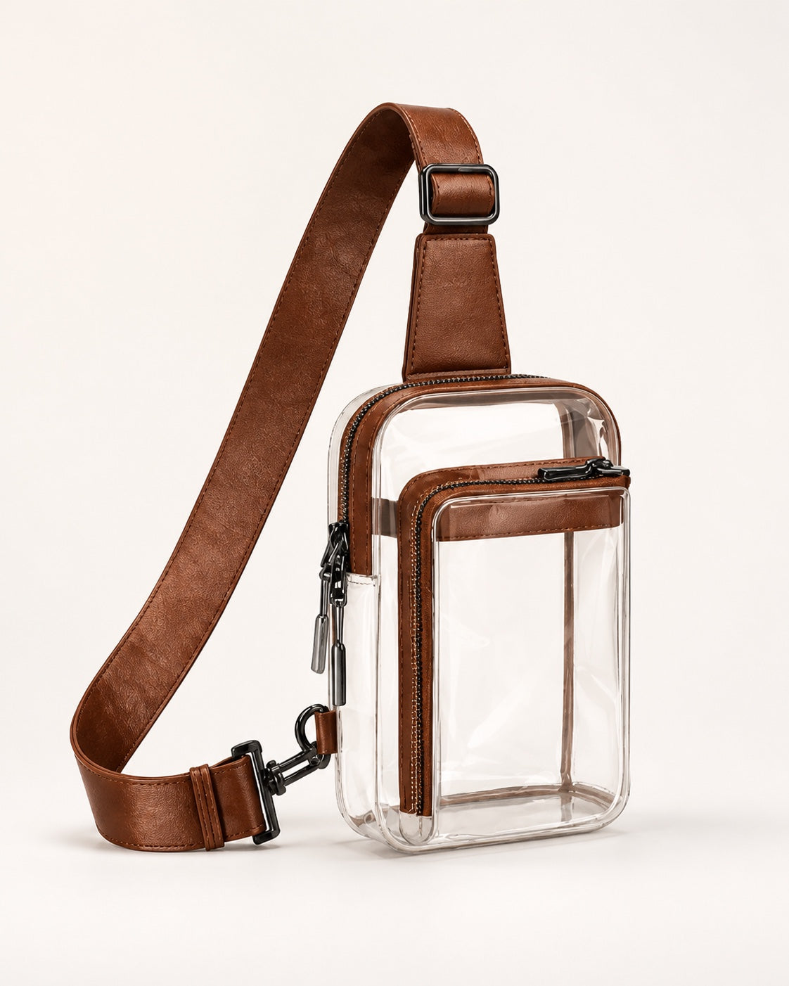 F and W Style clear PVC bag with pebble grain leather trim and adjustable strap